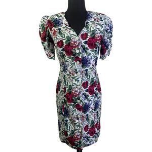 ALL THAT JAZZ Dress Medium Vintage Y2K 80's Floral Shoulder Pads Rose Buttons‎